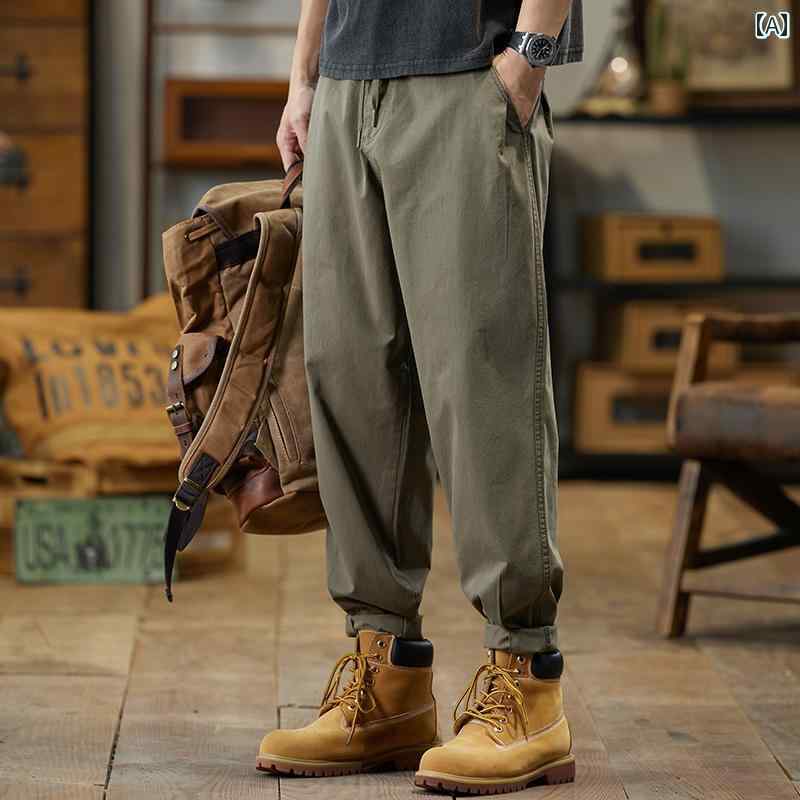メンズ ファッション オシャレ 男性用 シンプル 大人 かっこいい カジュアル ストリート ヒップホップ HipHop アーミーグリーン パンツ ルーズ ストレート レトロ アメカジ ワークパンツ 夏 綿 パンツ
