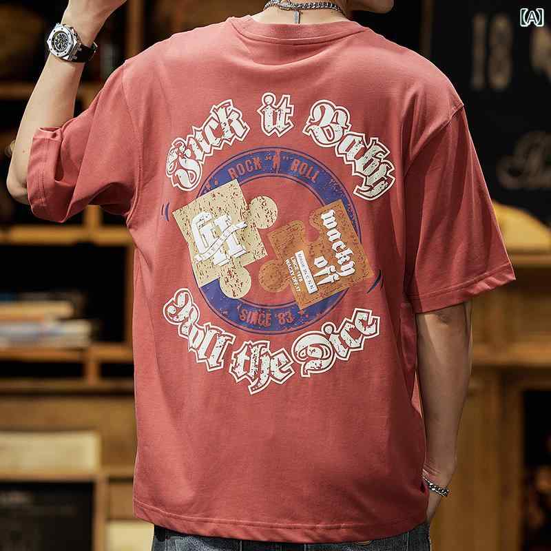 メンズ ファッション オシャレ 男性用 シンプル 大人 かっこいい カジュアル ストリート ヒップホップ HipHop アメカジ レンガ レッド 半袖 T シャツ プリント 半袖 トップ ピュアコットン ワークウェア T シャツ