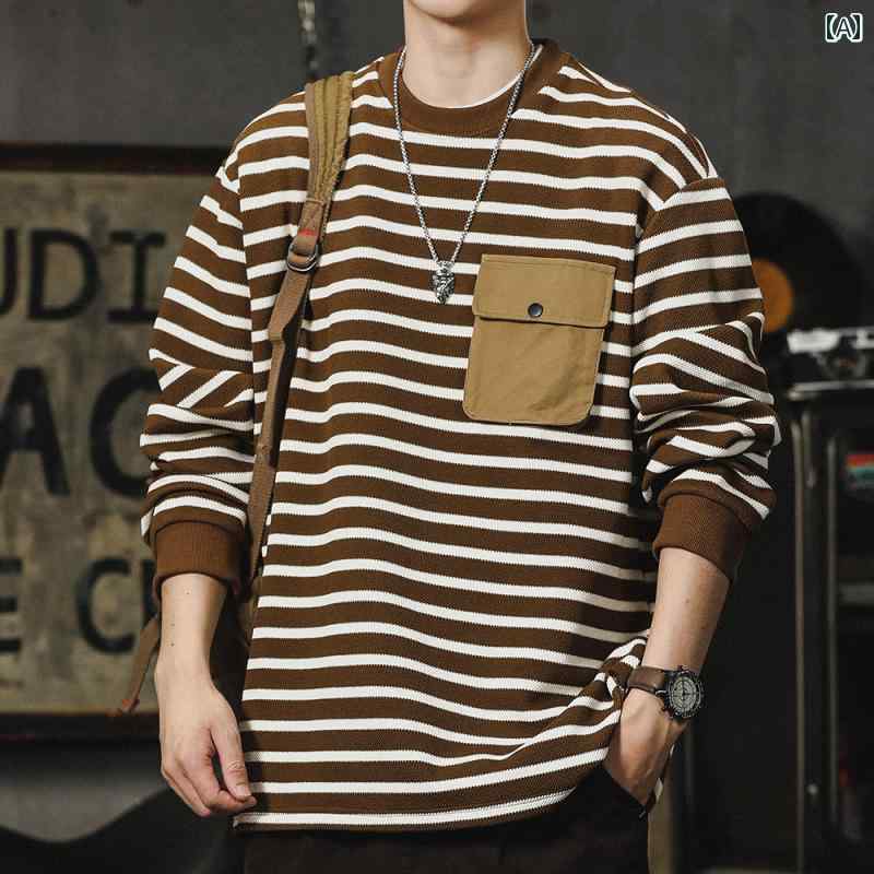 メンズ ファッション オシャレ 男性用 シンプル 大人 かっこいい カジュアル ストリート ヒップホップ HipHop アメカジ レトロ ストライプ スウェットシャツ 春 ヘビーウェイト ラウンドネック 長袖 T シャツ ボト シャツ ルーズ ワークウェア ジャケット