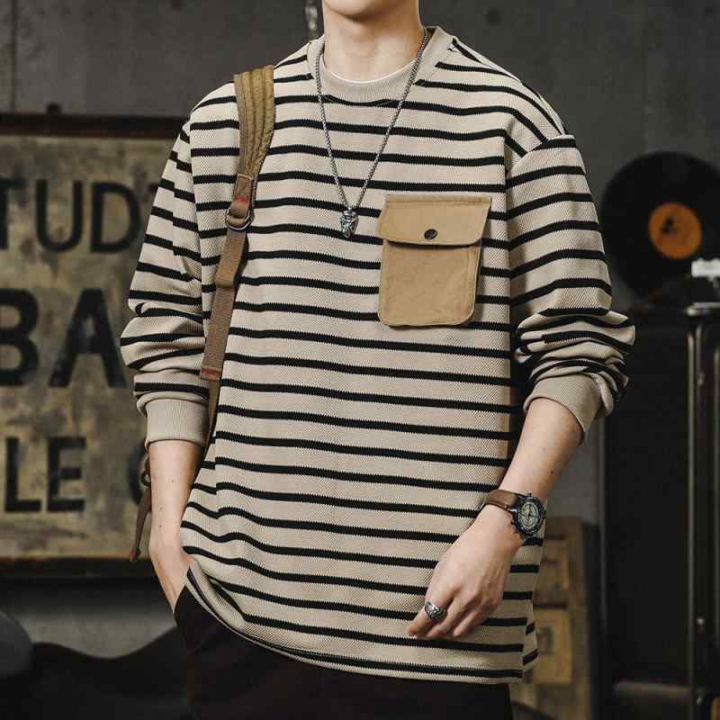 メンズ ファッション オシャレ 男性用 シンプル 大人 かっこいい カジュアル ストリート ヒップホップ HipHop 春 ストライプ ラウンドネック セーター ヘビー ボトム シャツ アメカジ ルーズ トップ 長袖 T シャツ