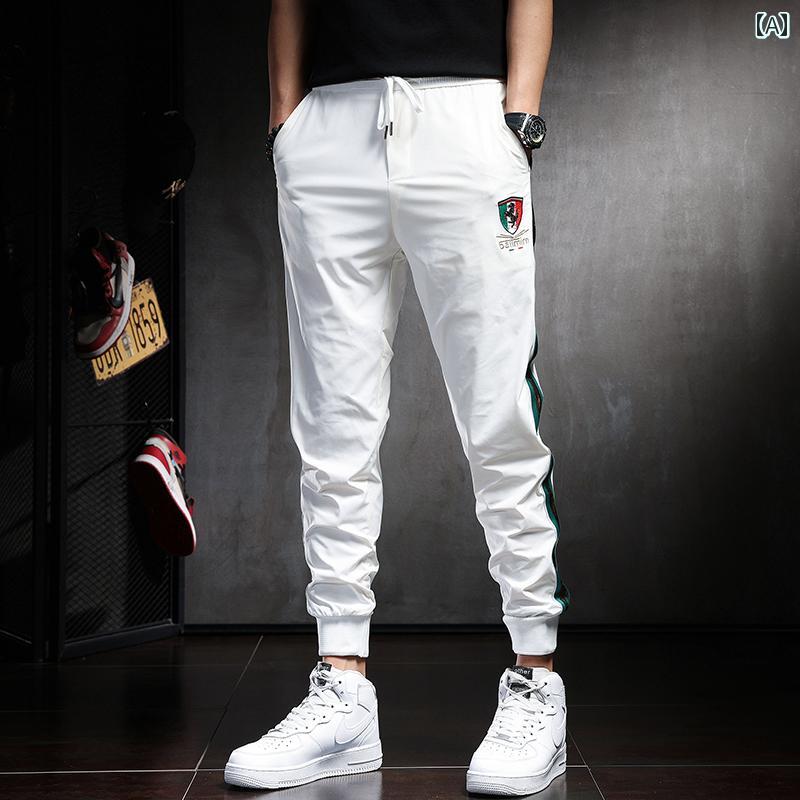 メンズ ファッション オシャレ 男性用 シンプル 大人 かっこいい カジュアル ストリート ヒップホップ HipHop ステーション パンツ 夏 薄氷 シルク パンツ スリム フィート スポーツ パンツ レッグ バディング
