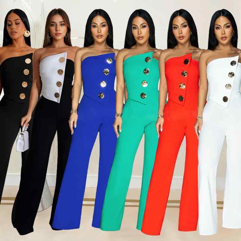 ワンピース ノースリーブ ボタン ロング パンツ レディース ファッション 全身一 長ズボン スタイリッシュ シームレス 快適 伸縮性 ストレッチ 通勤ウェア デイリー 普段使い オフィス カジュアル |リコット
