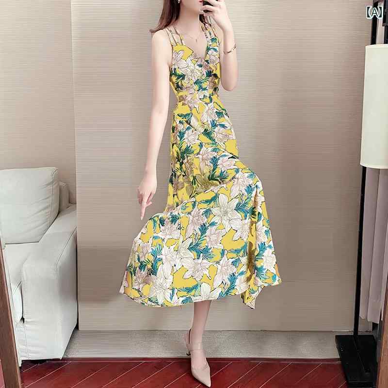 レディース ファッション 服 オシャレ カワイイ 女性用 シンプル 大人カワイイ 大きいサイズ 婦人服 ワンピース ドレス 夏 ハイエンド 花柄 シフォン ウエスト スリム スカート｜リコット