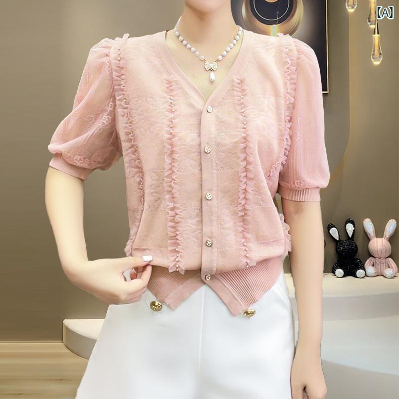 レディース ファッション 服 オシャレ カワイイ 女性用 シンプル 大人カワイイ 大きいサイズ 婦人服 レース シフォンシャツ 夏 スタイル 半袖 スリム メッシュ トップス シャツ