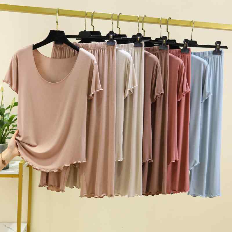 女性用 薄手 ルームウェア セット トップス 七分丈パンツ 大きいサイズ 半袖 ゆったり かわいい インナー 外出着 可能 涼しい 軽量 コットン混紡 綿素材 柔らかい 触り 吸湿速乾 機能 半袖 ルームパンツ 女性服 寝着 夏服 レディース