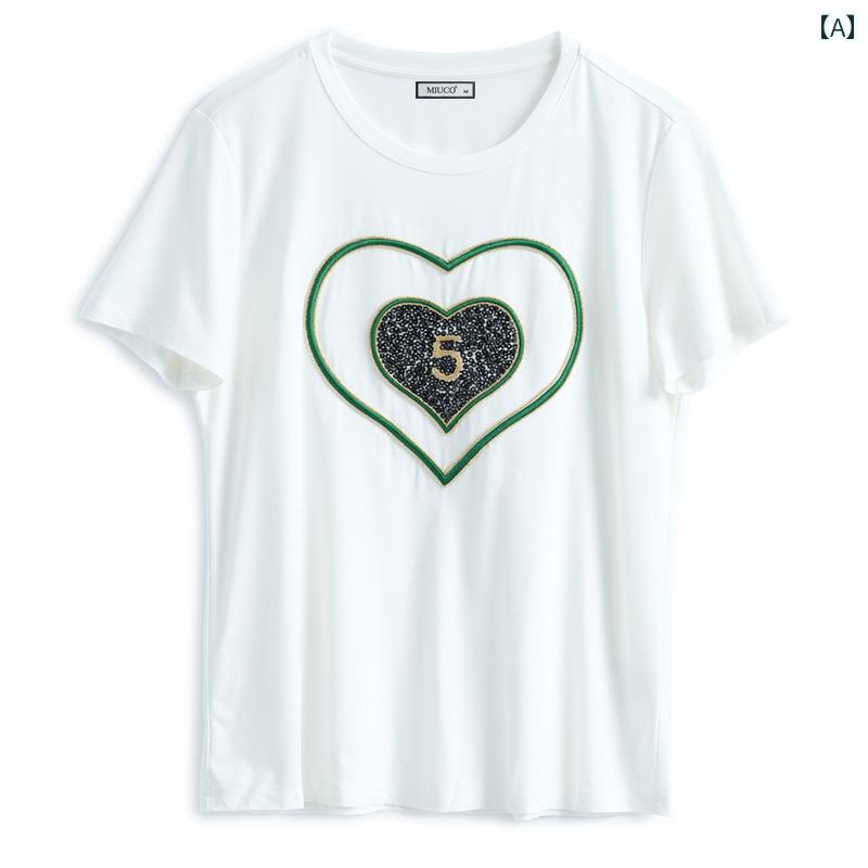 レディース ファッション 女性用 オシャレ カワイイ 豪華 スパンコール ビーズ ハート 柄 ラウンドネック 半袖 T シャツ トップス 夏|リコット