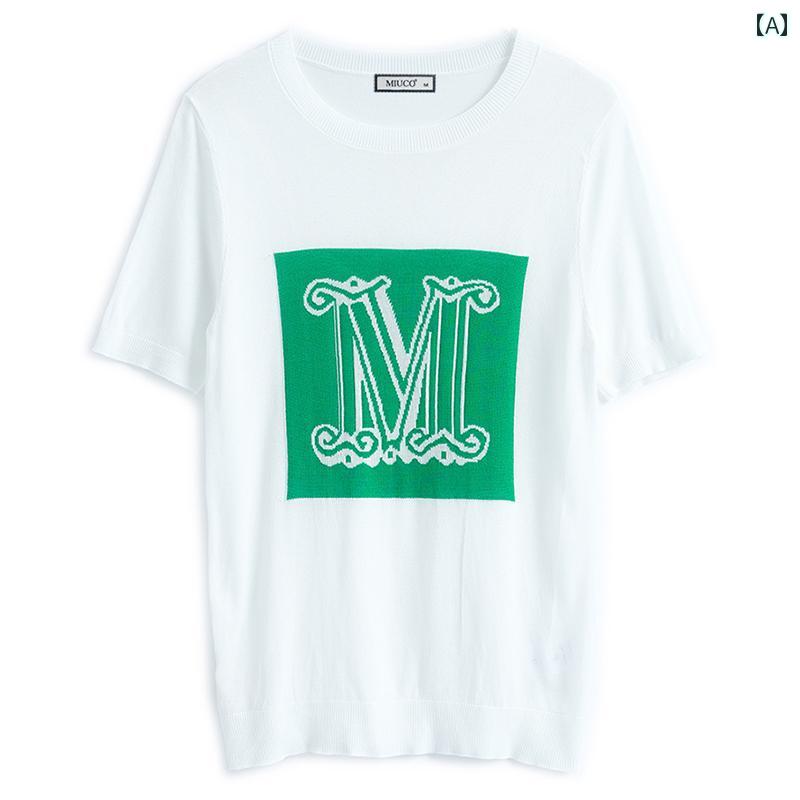 レディース ファッション 女性用 オシャレ カワイイ ニット ファッション レター ラウンドネック 半袖 T シャツ トップス