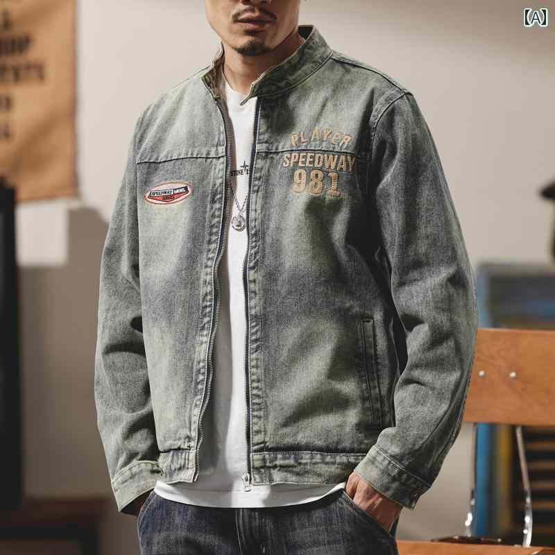 メンズ 成人男性用 流行り物 オシャレ 分かりやすい 成年者 かっこいい 表どおり 御居処跳ねる HipHop 照明ランプ色合い 自動二輪車 ジーンズ上衣 表どおり か細い レトロ ファスナー 上衣 水茎の跡 ジーンズ上衣