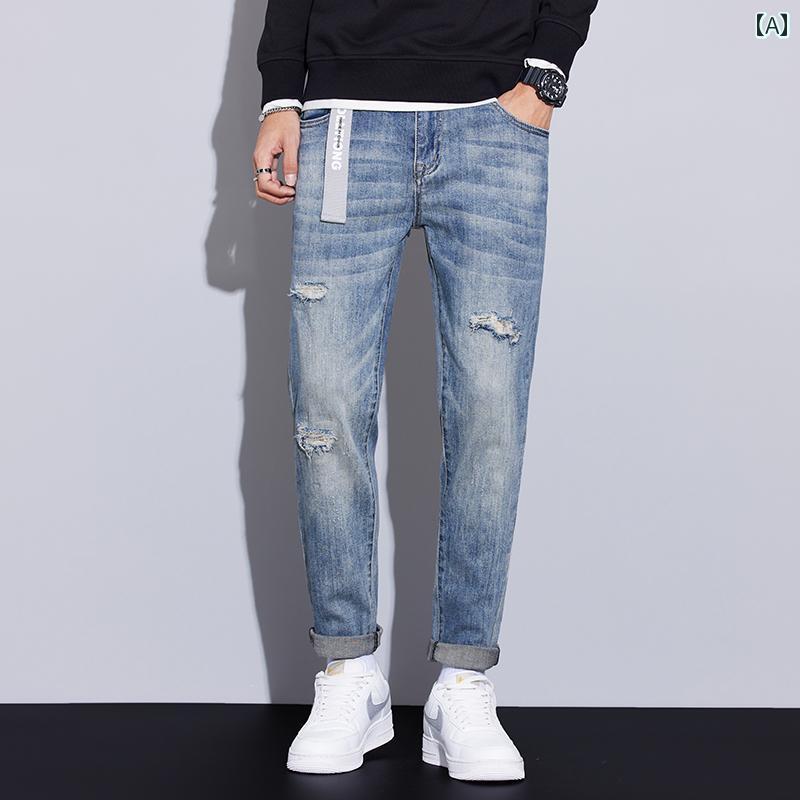メンズ 男性用 ファッション オシャレ シンプル 大人 かっこいい ストリート ヒップホップ HipHop レトロ ライト ブルー ジーンズ ストレッチ スクラッチ テーパードパンツ