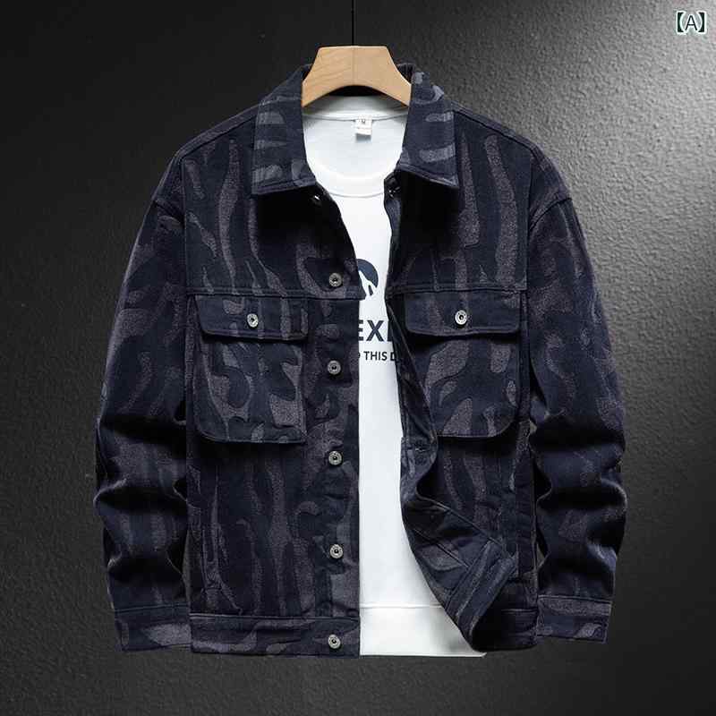メンズ 男性用 ファッション オシャレ シンプル 大人 かっこいい ストリート ヒップホップ HipHop 厚手 デニムジャケット レトロ ジャケット デザイン ヒョウ 柄 大きいサイズ コート|リコット
