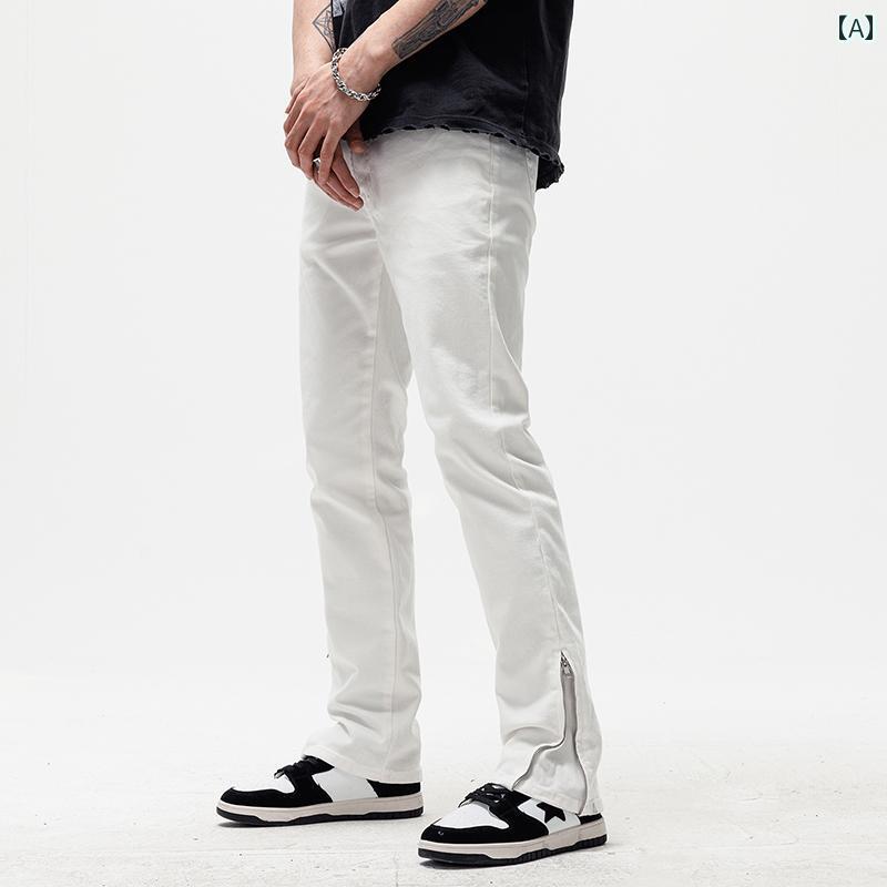 メンズ 男性用 ファッション オシャレ シンプル 大人 かっこいい ストリート ヒップホップ HipHop 白 ジーンズ アメリカン レトロ スリム ストレート デザイン 裾 ファスナー テーパードパンツ ブラック