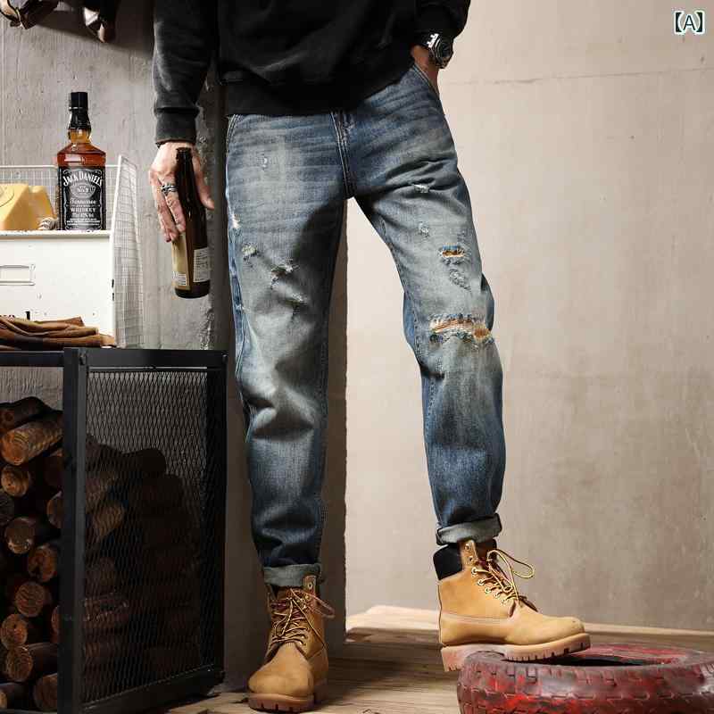 メンズ 男性用 ファッション オシャレ シンプル 大人 かっこいい ストリート ヒップホップ HipHop パッチ ジーンズ アメリカン 大きいサイズ ズボン 春 レトロ カジュアル ハーレム パンツ