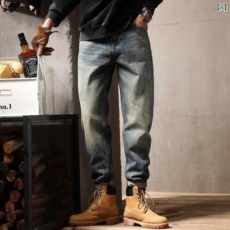メンズ 男性用 ファッション オシャレ シンプル 大人 かっこいい ストリート ヒップホップ HipHop アメリカン ヘビーウェイト レトロ ジーンズ スリム 大きいサイズ ストレート カジュアル パンツ