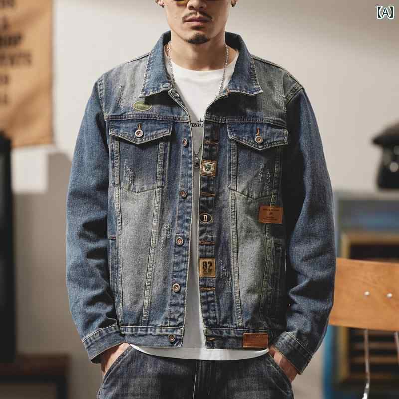 メンズ 成人男性用 流行り物 オシャレ 分かりやすい 成年者 かっこいい 表どおり 御居処跳ねる HipHop レトロ ウォッシュデニム 上衣 表現スタイル か細い 上衣 ライダース アウターウェア