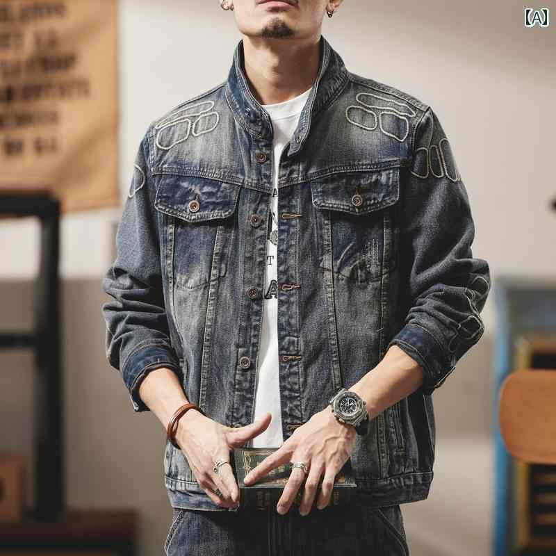 メンズ 成人男性用 流行り物 オシャレ 分かりやすい 成年者 かっこいい 表どおり 御居処跳ねる HipHop ゆったり 長袖 ジーンズ上衣 ジーンズ上衣 ライダースジャケット トップス レトロ