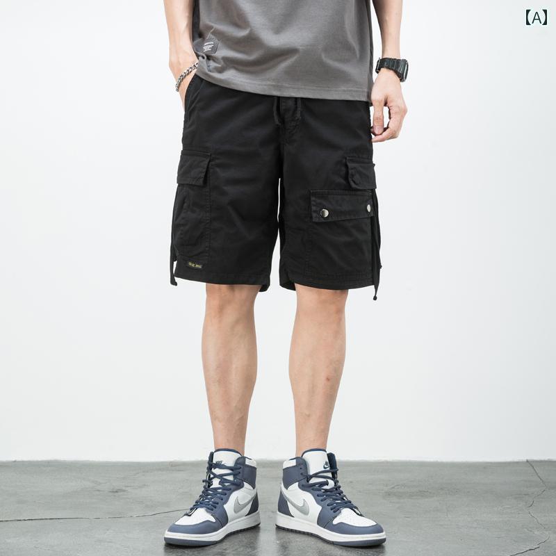 メンズ 男性用 ファッション オシャレ シンプル 大人 かっこいい ストリート ヒップホップ HipHop アメリカン 夏 ストレート カーゴ ショート パンツ マルチ ポケット パンツ アウトドア ハーフ パンツ スウェットパンツ