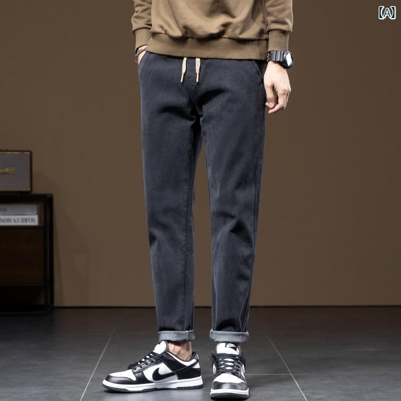 メンズ 男性用 ファッション オシャレ シンプル 大人 かっこいい ストリート ヒップホップ HipHop レトロ 黒 グレー ウエスト ストレッチジーンズ 韓国スタイル スリムフィット 長ズボン