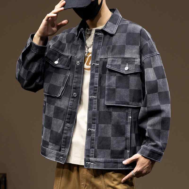 メンズ 男性用 ファッション オシャレ シンプル 大人 かっこいい ストリート ヒップホップ HipHop チェック柄 デニムジャケット 春 マルチ ポケット ワークウェア カジュアル ジャケット アウトドア