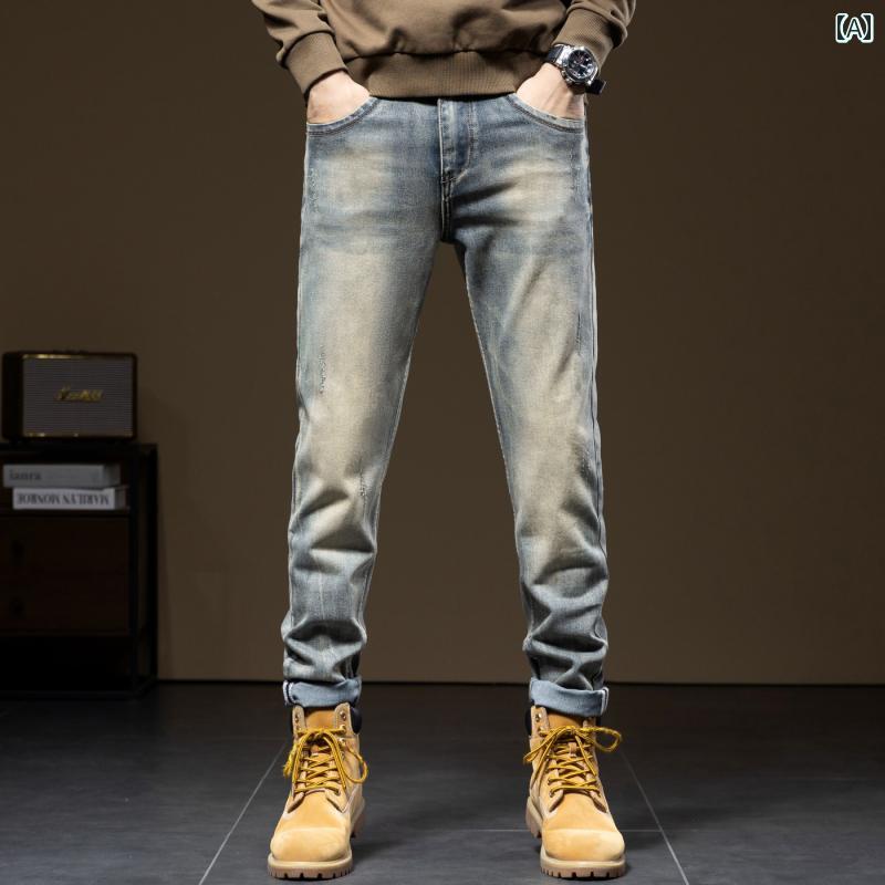 メンズ 男性用 ファッション オシャレ シンプル 大人 かっこいい ストリート ヒップホップ HipHop アメリカン ハイ ストリート ジーンズ レトロ ウォッシュ 加工 パンツ ストレッチストレートパンツ