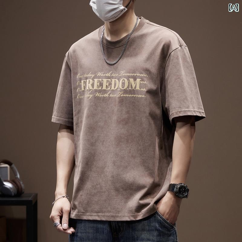メンズ 男性用 ファッション オシャレ シンプル 大人 かっこいい ストリート ヒップホップ HipHop 夏 レトロ ラウンドネック 半袖 T シャツ ルーズ 大きいサイズ 綿 半袖 薄手 カジュアル T シャツ
