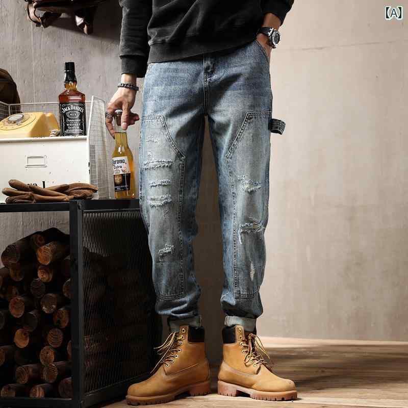 メンズ 男性用 ファッション オシャレ シンプル 大人 かっこいい ストリート ヒップホップ HipHop アメリカン ヘビーウェイト レトロ ワークパンツ ルーズ ストレート ジーンズ リップ ド カジュアル パンツ