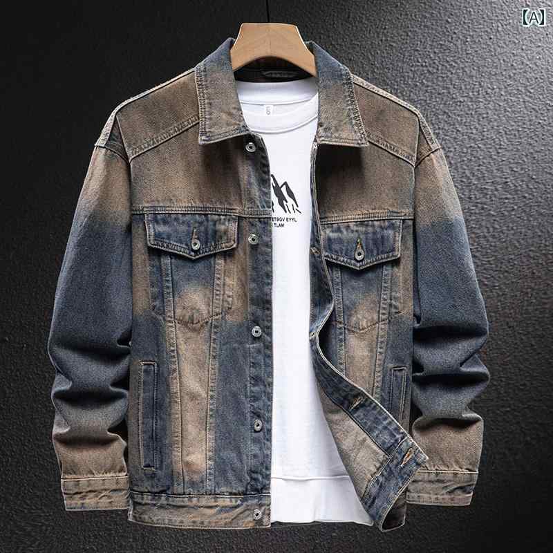 メンズ 男性用 ファッション オシャレ シンプル 大人 かっこいい ストリート ヒップホップ HipHop アメリカンンン レトロ イエロー マッド ダメージ 加工 デニムジャケット 春　秋 バイク サイバー パンク ウェイストランド ジャケット