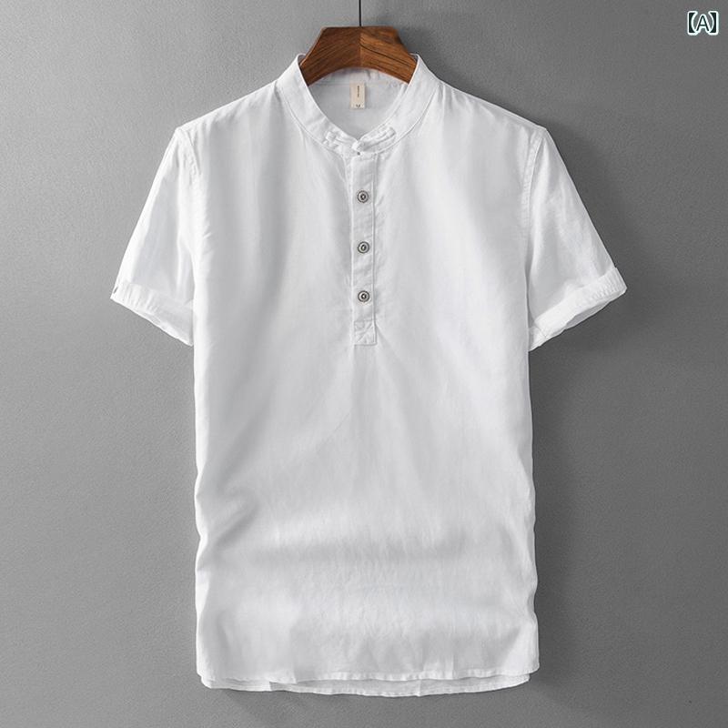メンズ 男性用 ファッション オシャレ シンプル 大人 かっこいい ストリート ヒップホップ HipHop 夏 ラウンドネック ボタン コットン リネン Tシャツ 半袖 リネン 通気性 半袖 アイスシルク T シャツ 薄手