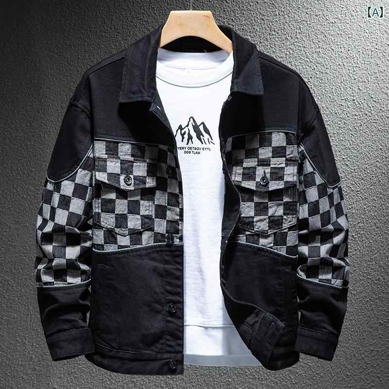 メンズ 男性用 ファッション オシャレ シンプル 大人 かっこいい ストリート ヒップホップ HipHop チェック柄 デニム ジャケット 春秋 ワークウェア ジャケット 服