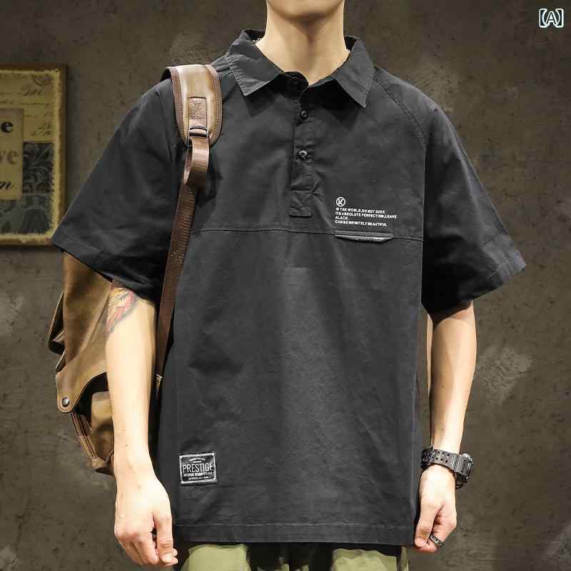 メンズ 男性用 ファッション オシャレ シンプル 大人 かっこいい ストリート ヒップホップ HipHop シャツ 半袖 ポロシャツ ゆったり 夏 ワークウェア 半袖 シャツ