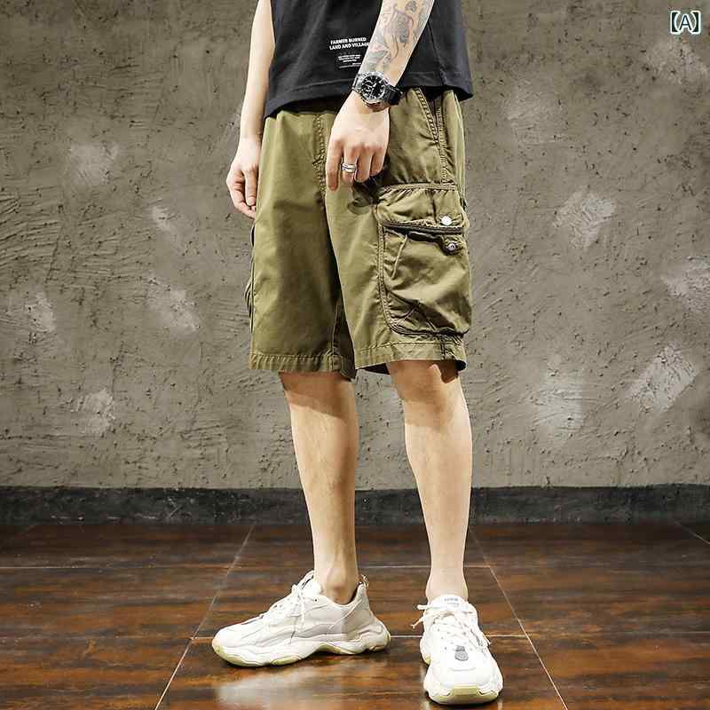 メンズ 男性用 ファッション オシャレ シンプル 大人 かっこいい ストリート ヒップホップ HipHop ヘビーウォッシュ アーミー グリーン カーゴ  夏 薄手 ハーフ パンツ カジュアル ミッド パンツ
