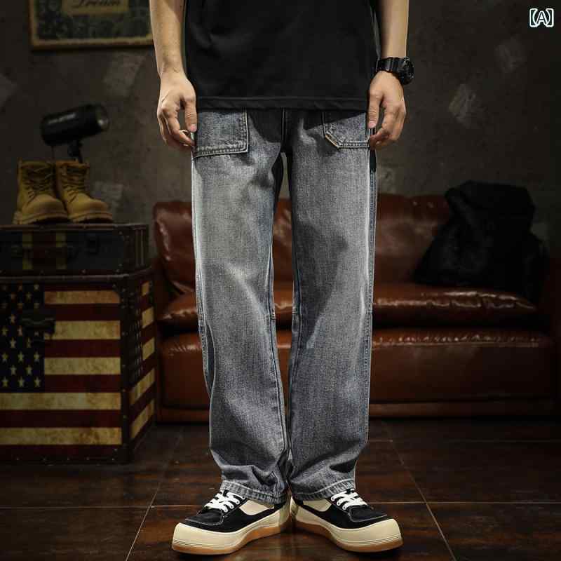 メンズ 男性用 ファッション オシャレ シンプル 大人 かっこいい ストリート ヒップホップ HipHop アメリカン レトロ ワークウェア ジーンズ ストレート レッグ ルーズ 春秋 ウォッシュ パンツ｜リコット