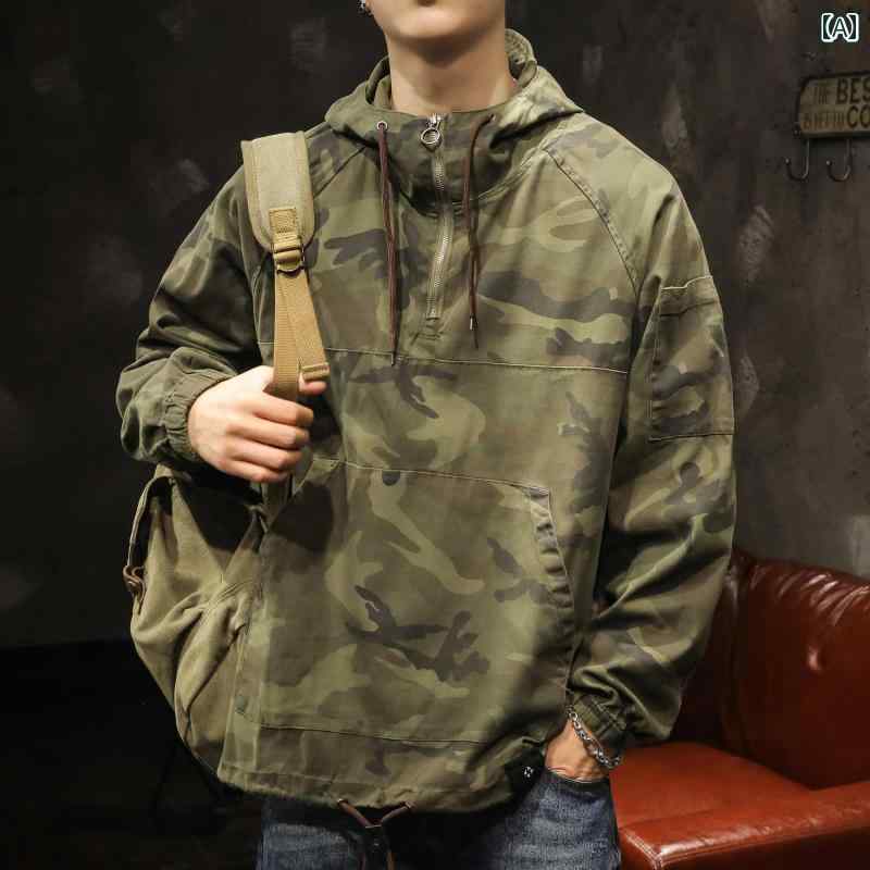 メンズ 男性用 ファッション オシャレ シンプル 大人 かっこいい ストリート ヒップホップ HipHop 迷彩 ジャケットワーク ジャケット 春秋 アメリカン ヘビー コットン ルーズ ジャケット|リコット