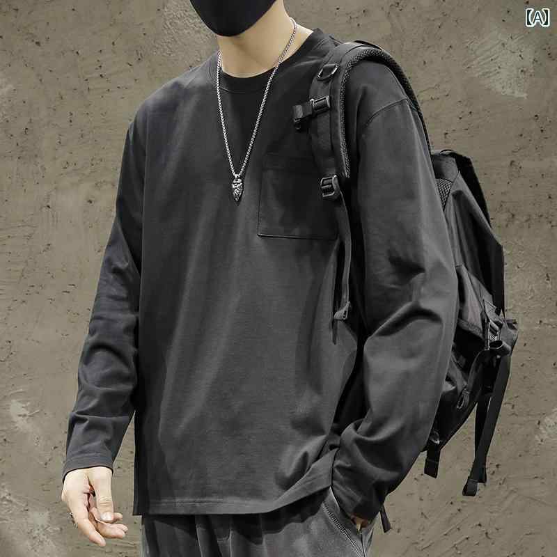 メンズ 男性用 ファッション オシャレ シンプル 大人 かっこいい ストリート ヒップホップ HipHop ヘビーウェイト 長袖 T シャツ ラウンドネック 無地 ルーズ ポケット コットン トップ 大きいサイズ 春秋 ボトム シャツ
