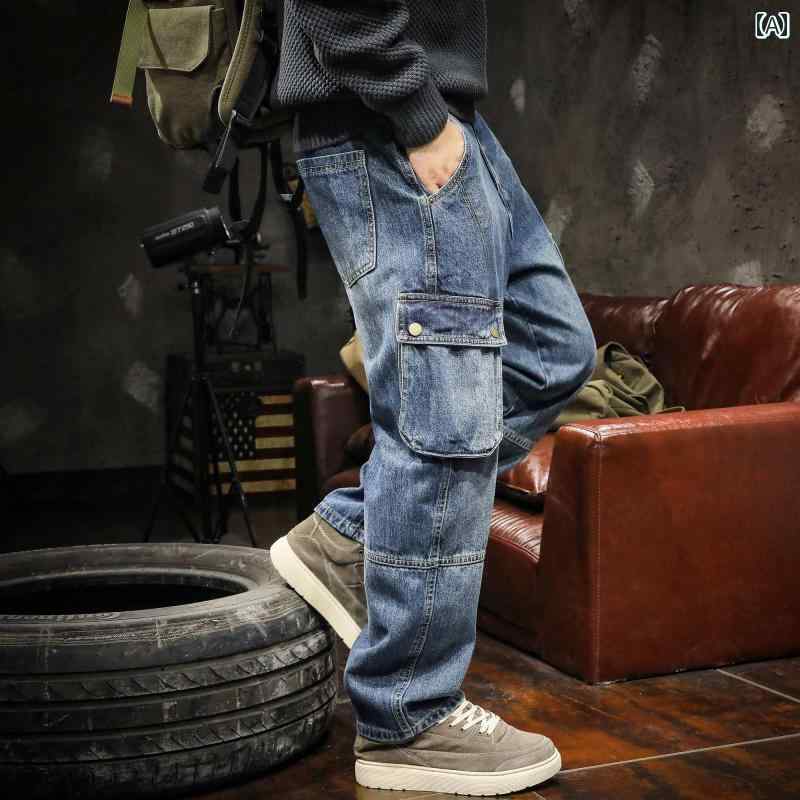 メンズ 男性用 ファッション オシャレ シンプル 大人 かっこいい ストリート ヒップホップ HipHop 春 アメリカンン レトロ ワーク ジーンズ ウォッシュ ブルー 大きいサイズ ラージ ポケッストレート パンツ｜リコット