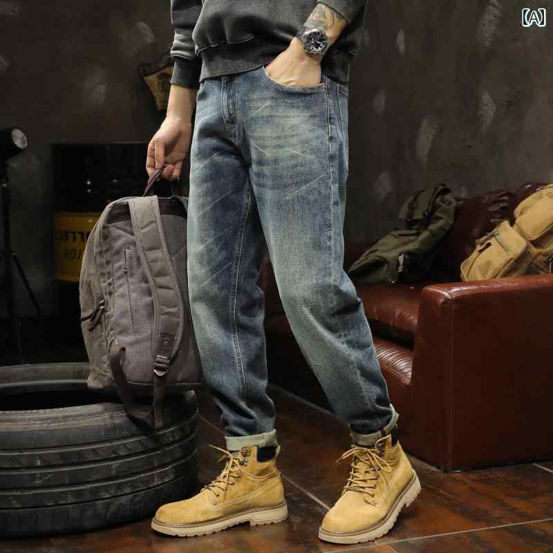 メンズ 男性用 ファッション オシャレ シンプル 大人 かっこいい ストリート ヒップホップ HipHop アメリカン レトロ ハイ ストリート ジーンズ 春秋 ルーズ ストレート ロング パンツ