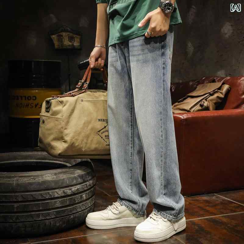 メンズ 男性用 ファッション オシャレ シンプル 大人 かっこいい ストリート ヒップホップ HipHop アメリカン ハイ ストリート ジーンズ 秋 ルーズ ストレート コットン イン ドレープ ライト カラー カジュアル ロング パンツ