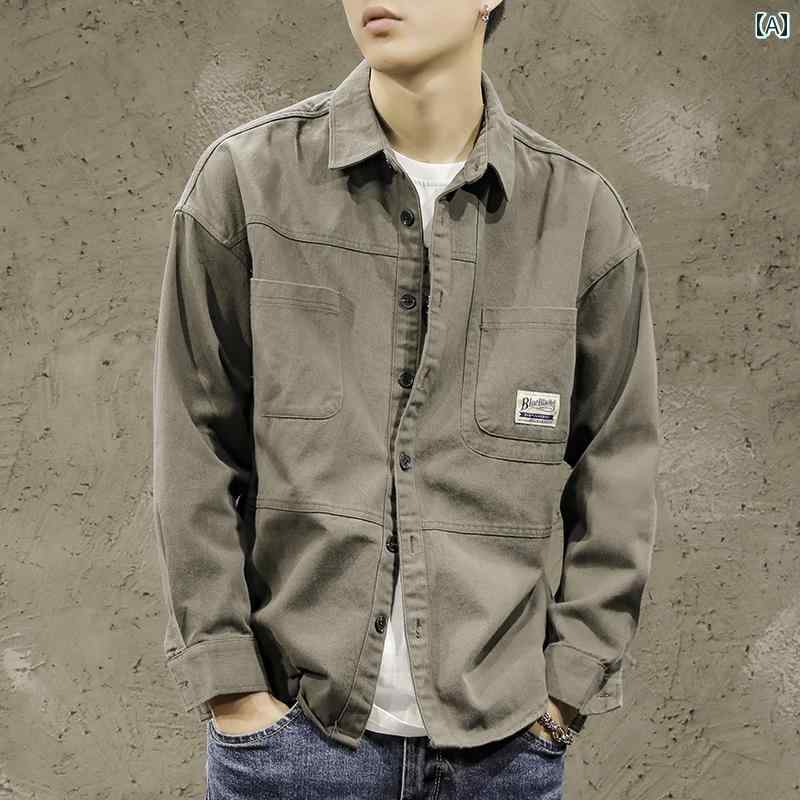 メンズ 男性用 ファッション オシャレ シンプル 大人 かっこいい ストリート ヒップホップ HipHop シャツ 長袖 デザゆったり 大きいサイズ シャツ ワークジャケット カーディガン