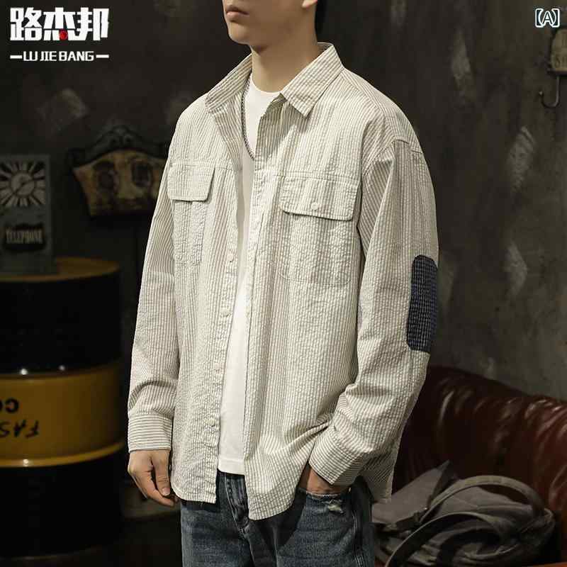 メンズ 男性用 ファッション オシャレ シンプル 大人 かっこいい ストリート ヒップホップ HipHop 春 ピュアコットン パッチ シャツ 長袖ノーアイロン レトロ カジュアル ジャケット｜リコット