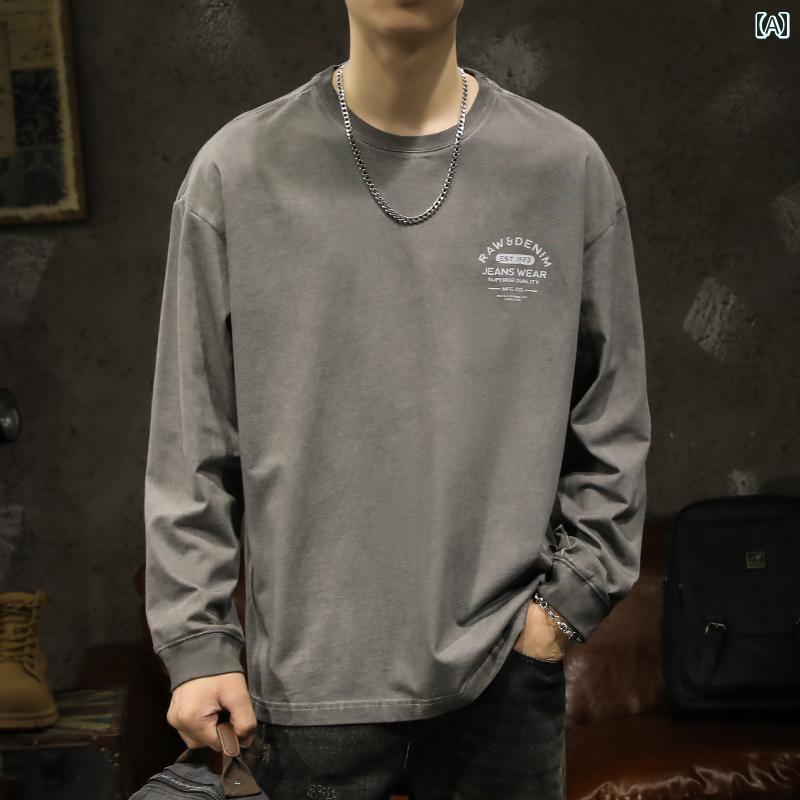 メンズ 男性用 ファッション オシャレ シンプル 大人 かっこいい ストリート ヒップホップ HipHop 春秋 ヘビーウォッシュ コットン 長袖 T シャツ ゆったり 大きいサイズ アメリカン レトロ ラウンドネックトップス