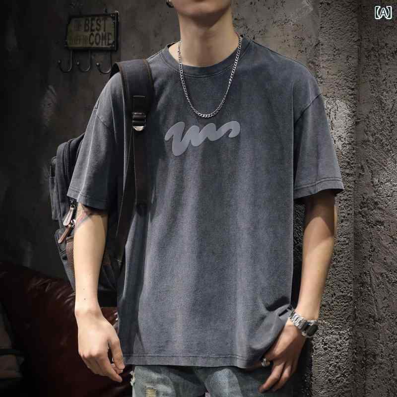 メンズ 男性用 ファッション オシャレ シンプル 大人 かっこいい ストリート ヒップホップ HipHop ストリート T シャツ 半袖 ゆったり 大きいサイズ 夏 アメリカン レトロ ウォッシュド 半袖 T シャツ