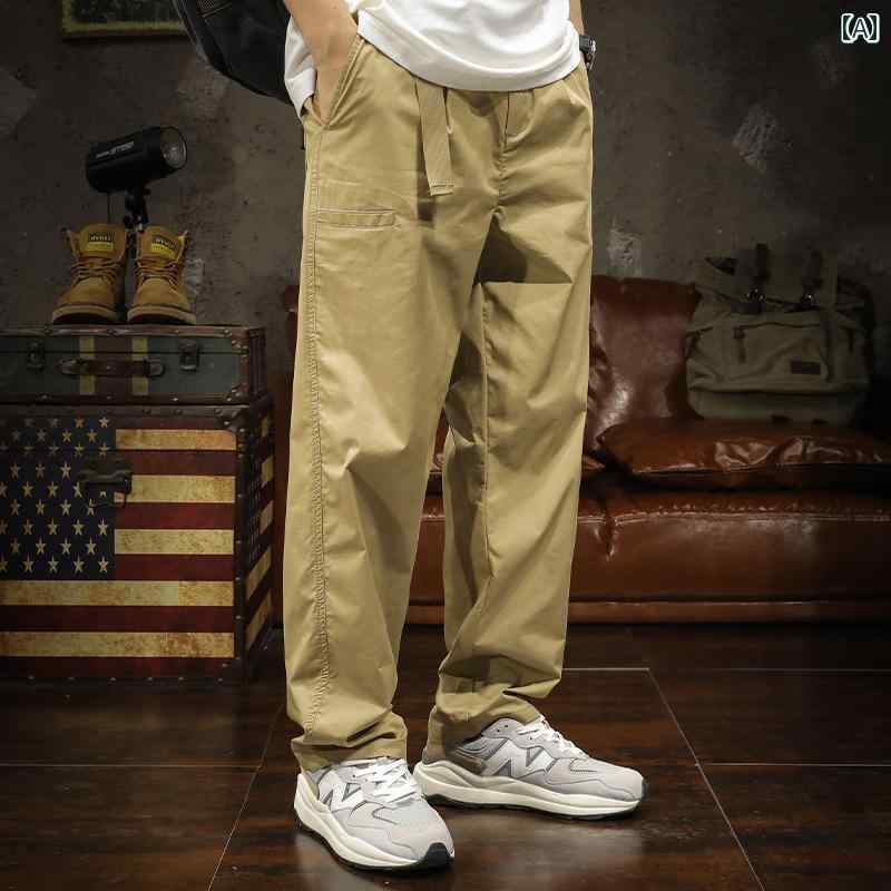 メンズ 男性用 ファッション オシャレ シンプル 大人 かっこいい ストリート ヒップホップ HipHop ワークウェア ワイド レッグ パンツ 夏 薄手 アイスシルク 通気 涼しい ストレート レッグ パンツ アメリカン ルーズ 通勤 ワーク カジュアル パンツ