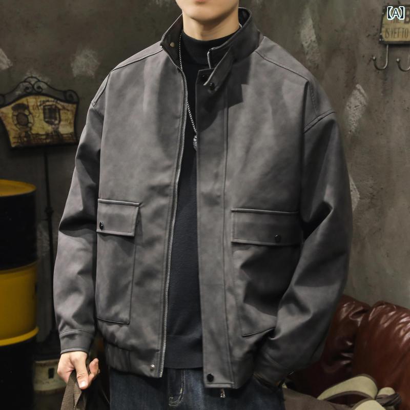 メンズ 男性用 ファッション オシャレ シンプル 大人 かっこいい ストリート ヒップホップ HipHop アメリカン ワークウェア レザージャケット 秋 緩い オートバイ ジャケット レトロ レザージャケット