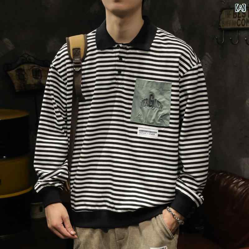 メンズ 男性用 ファッション オシャレ シンプル 大人 かっこいい ストリート ヒップホップ HipHop 白 黒 ストライプ ポロシャツ ゆったり 大きいサイズ 春秋 スウェット シャツ｜リコット