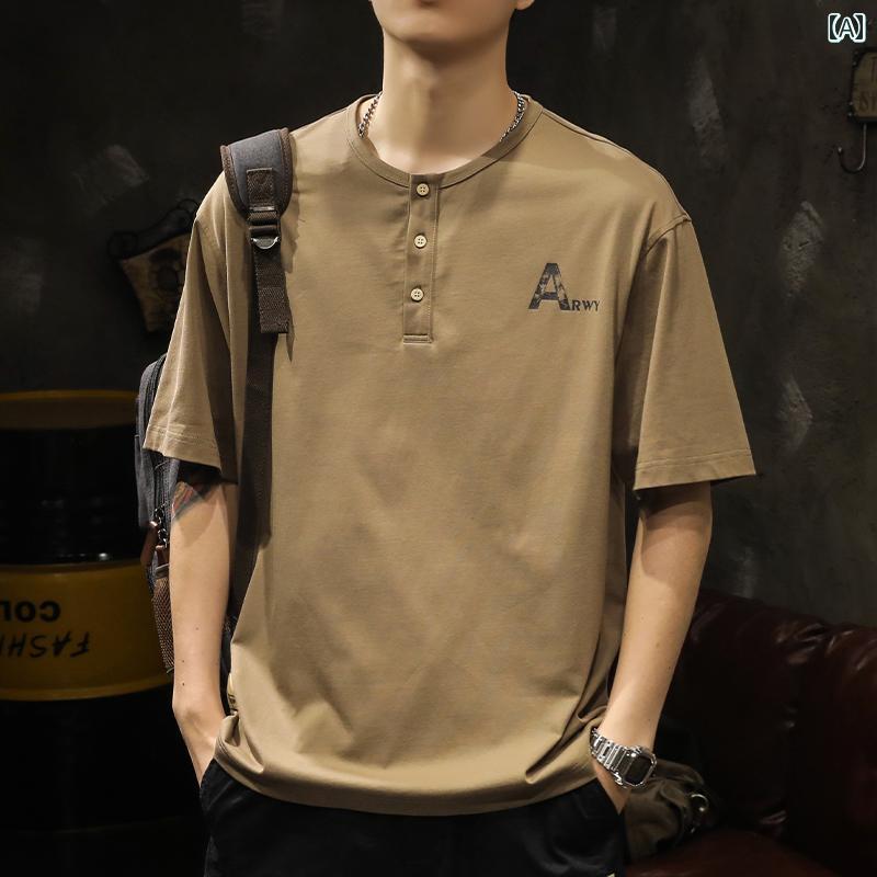 メンズ 男性用 ファッション オシャレ シンプル 大人 かっこいい ストリート ヒップホップ HipHop アメリカン レトロ ヘンリー カラ半袖 T シャツ 夏 コットン 厚手 プリント 大きいサイズ T シャツ