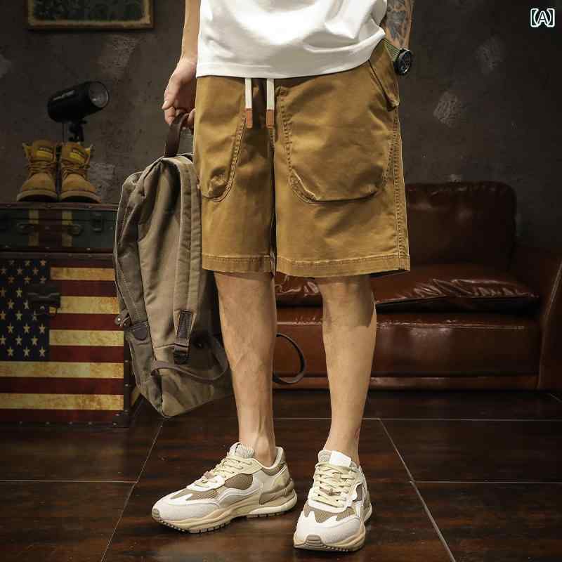 メンズ 男性用 ファッション オシャレ シンプル 大人 かっこいい ストリート ヒップホップ HipHop 大きい ポケット デザイン アメリカン レトロ カーゴ 夏 カジュアル ミッド パンツ 薄手 クォーター パンツ｜リコット