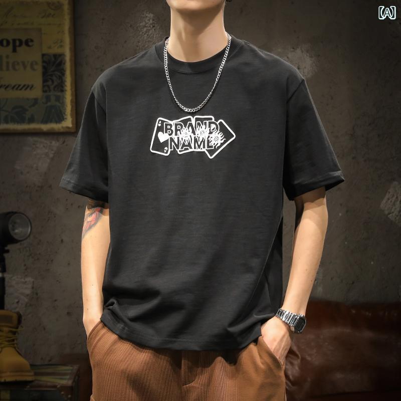 メンズ 男性用 ファッション オシャレ シンプル 大人 かっこいい ストリート ヒップホップ HipHop ポーカー プリント コットン T シャツ 緩い 大きいサイズ 夏 通気 ラウンドネック 半袖 T シャツ