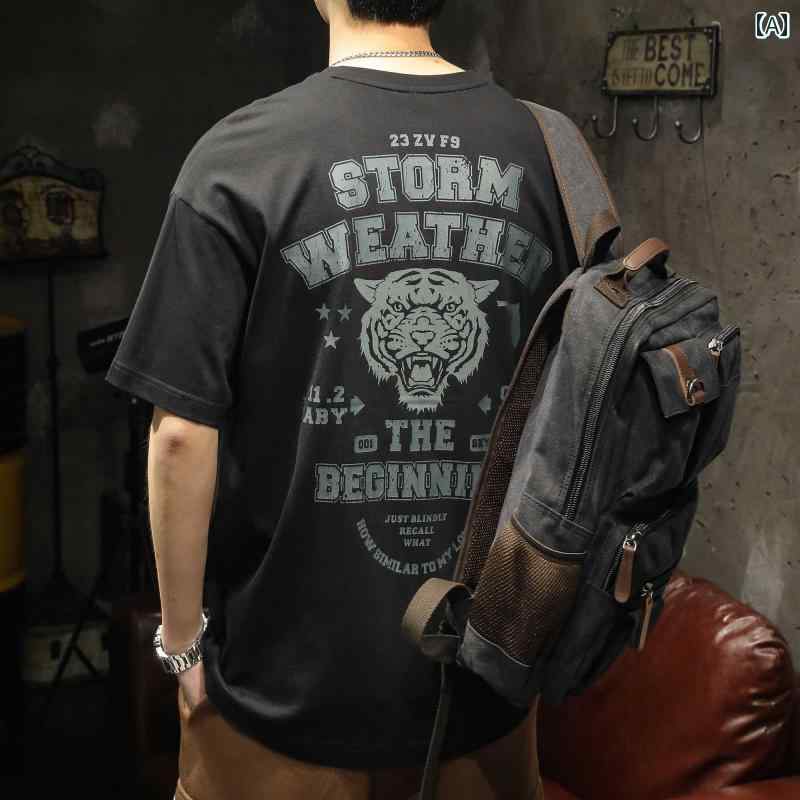 メンズ 男性用 ファッション オシャレ シンプル 大人 かっこいい ストリート ヒップホップ HipHop タイガー プリント T シャツ 半袖 コットン ゆったり 夏 大きいサイズ ラウンドネック 半袖 T シャツ