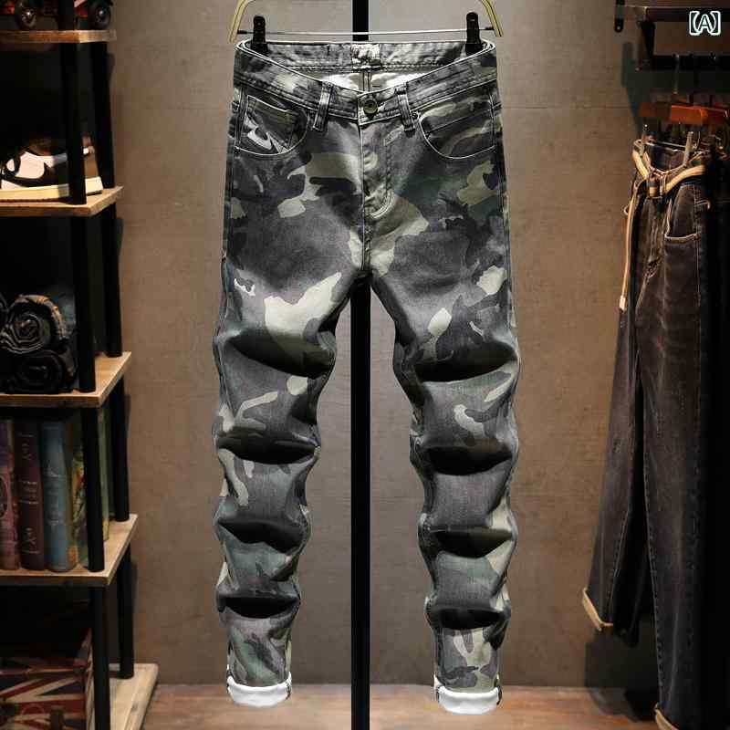 迷彩 ジーンズ メンズ 秋 イン ハイ ストリート ウォッシュ アウトドア カジュアル ストレッチ スリム フィットパンツ