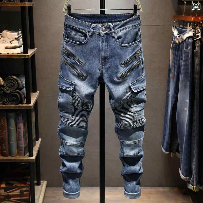 メンズ用 晴れ晴れしい スプライス デニム 細工物御召しもの メンズ用 マルチ 衣嚢 自動二輪車 伸ばすこと か細い 相応うズボン下 透け透け春夏 表現スタイル
