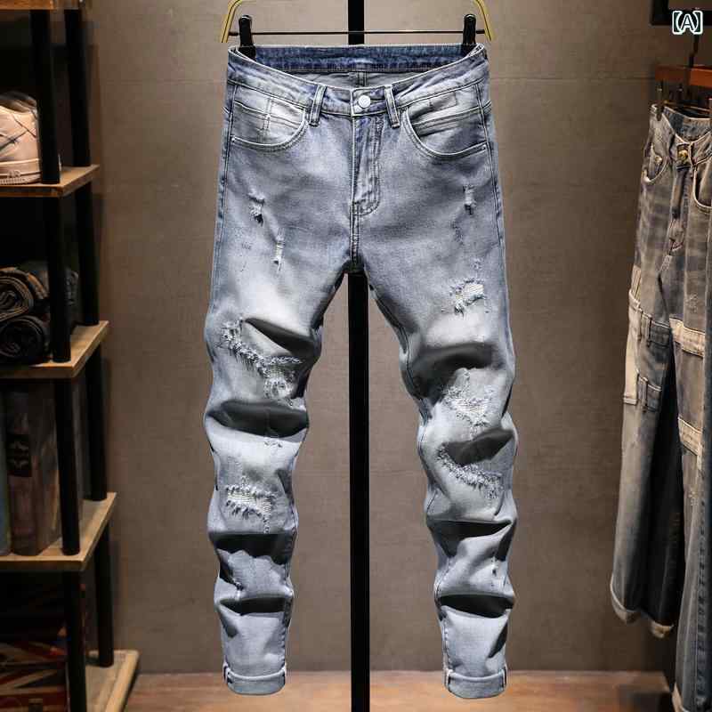 メンズ 男性用 ファッション オシャレ シンプル 大人 かっこいい ストリート ヒップホップ HipHop ダメージ加工 ジーンズ ストリート 夏 薄手 スリムフィット パンツ スタイル